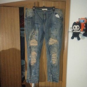 Refinery Republic Distressed Jeans - Pink And Blue Paint Splatter w/ Tan Accents